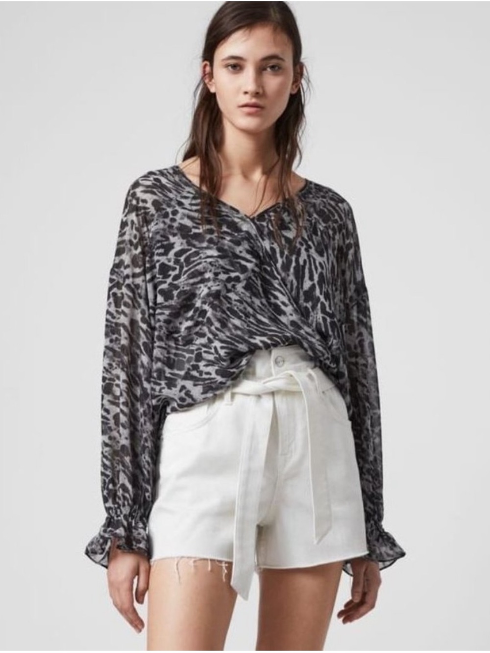 New All Saints Small Black, Gray Animal Print Penny Ambient Top Blouse
